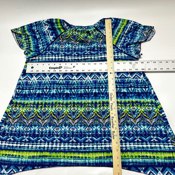 French Laundry Blouse XL Blue Yellow Green Tribal Short Sleeves Cotton Blend - Picture 5 of 7